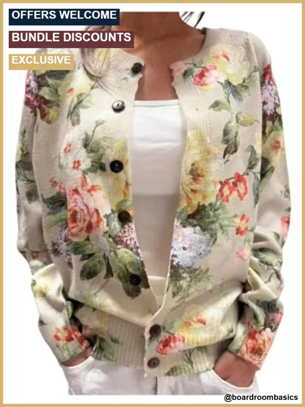 Floral Cardigan Sweater Button Up Knit Jacket Long Sleeve Lightweight Polyester